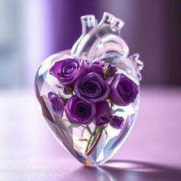 An anatomical heart made of transparent crystal, intricately detailed, showcasing delicate violet roses inside the heart