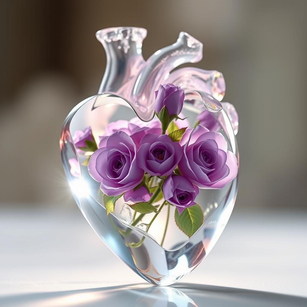 An anatomical heart made of transparent crystal, intricately detailed, showcasing delicate violet roses inside the heart