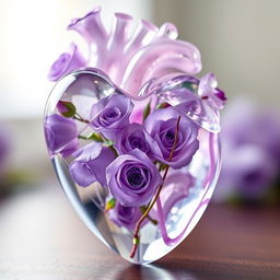An anatomical heart made of transparent crystal, intricately detailed, showcasing delicate violet roses inside the heart