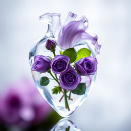 An anatomical heart made of transparent crystal, intricately detailed, showcasing delicate violet roses inside the heart