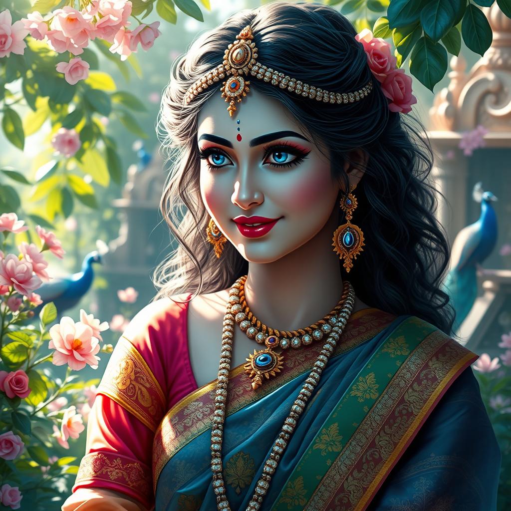 A stunning depiction of Shri Radha, the divine consort of Lord Krishna, featuring her with captivating blue eyes that symbolize her ethereal beauty and divine grace