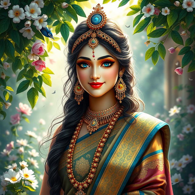A stunning depiction of Shri Radha, the divine consort of Lord Krishna, featuring her with captivating blue eyes that symbolize her ethereal beauty and divine grace