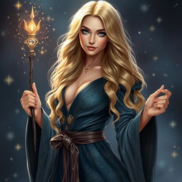 A sexy female wizard with long, wavy golden hair and fair skin