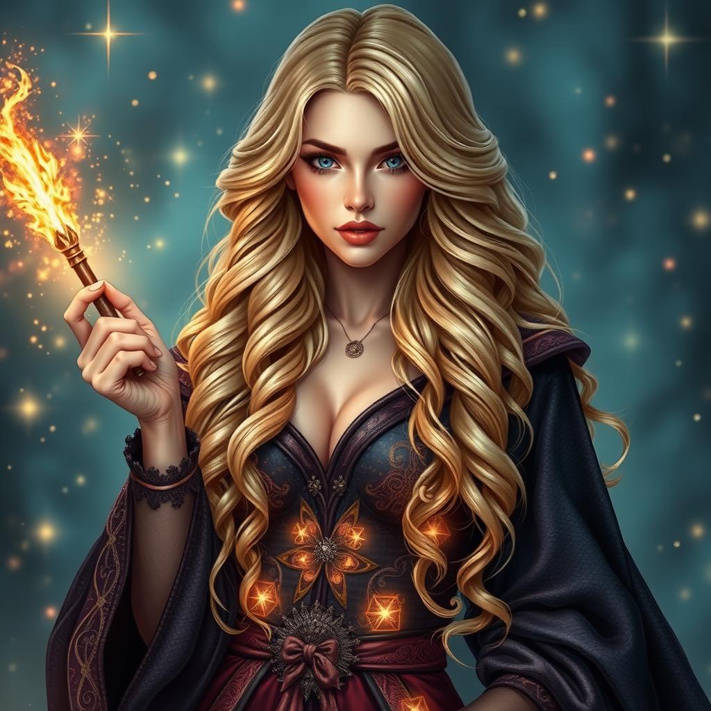 A sexy female wizard with long, wavy golden hair and fair skin
