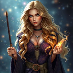 A sexy female wizard with long, wavy golden hair and fair skin