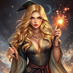 A sexy female wizard with long, wavy golden hair and fair skin