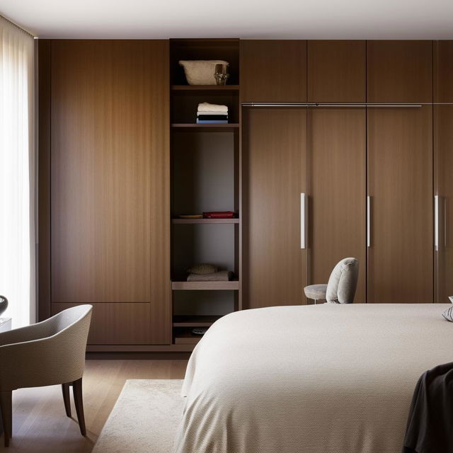 A well-organized bedroom showcasing contemporary furniture. Display a large polished bed, sophisticated bedside tables, a streamlined study desk with a chic chair, and a sleek wooden wardrobe.