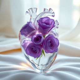 A transparent anatomical heart made of crystal, delicately crafted to show intricate details of the heart's structure