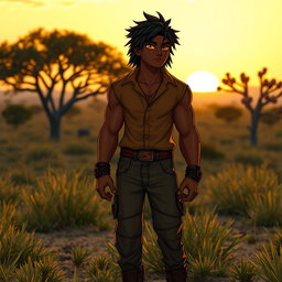 A human character inspired by Kovu from The Lion King 2, featuring a strong and athletic build, with a warm, dark complexion
