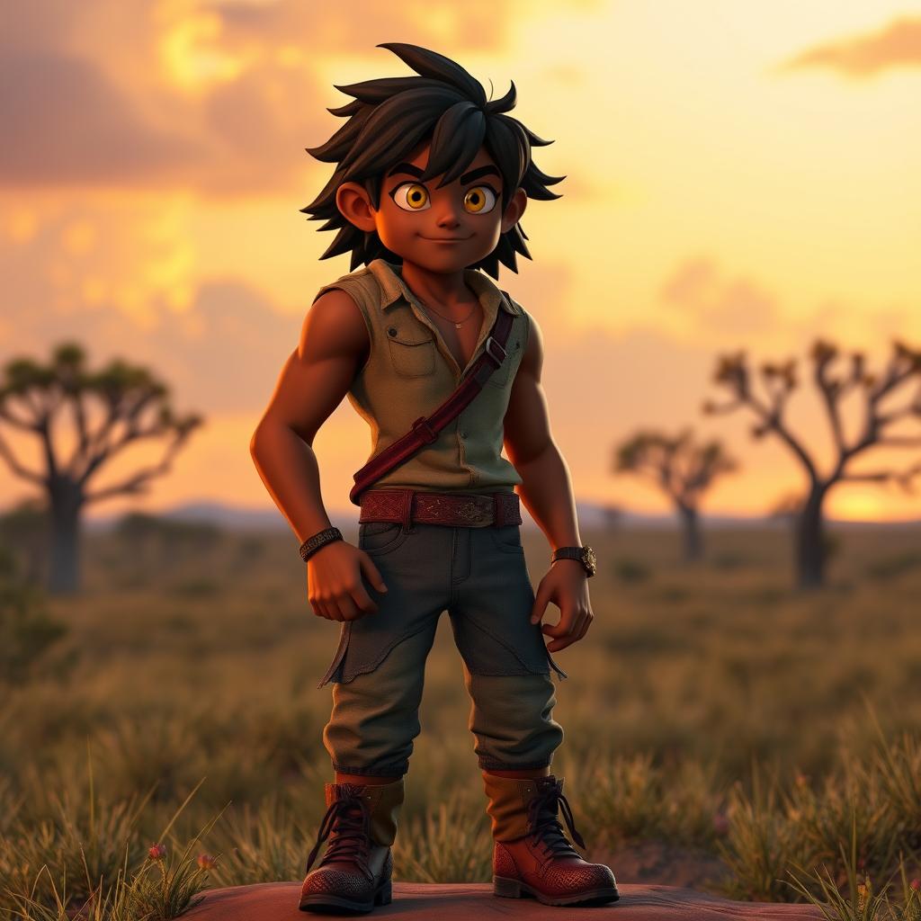 A human character inspired by Kovu from The Lion King 2, featuring a strong and athletic build, with a warm, dark complexion