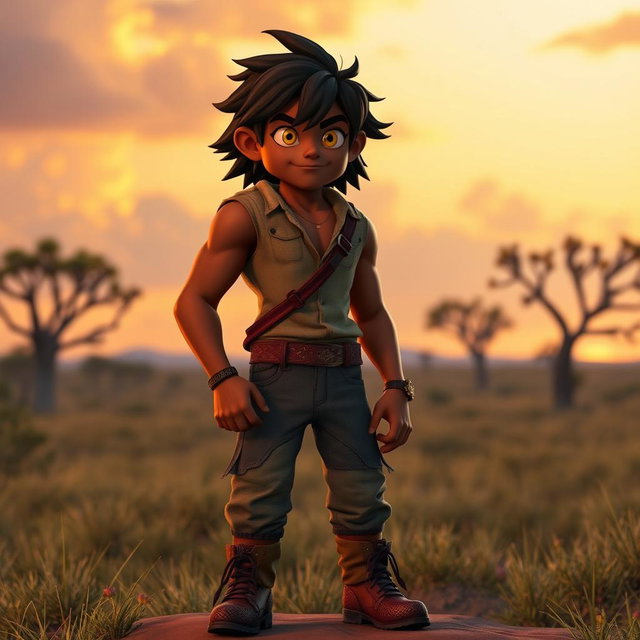 A human character inspired by Kovu from The Lion King 2, featuring a strong and athletic build, with a warm, dark complexion