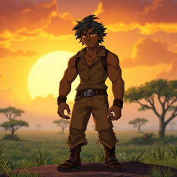 A human character inspired by Kovu from The Lion King 2, featuring a strong and athletic build, with a warm, dark complexion