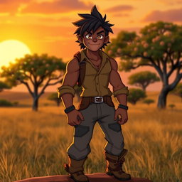 A human character inspired by Kovu from The Lion King 2, featuring a strong and athletic build, with a warm, dark complexion