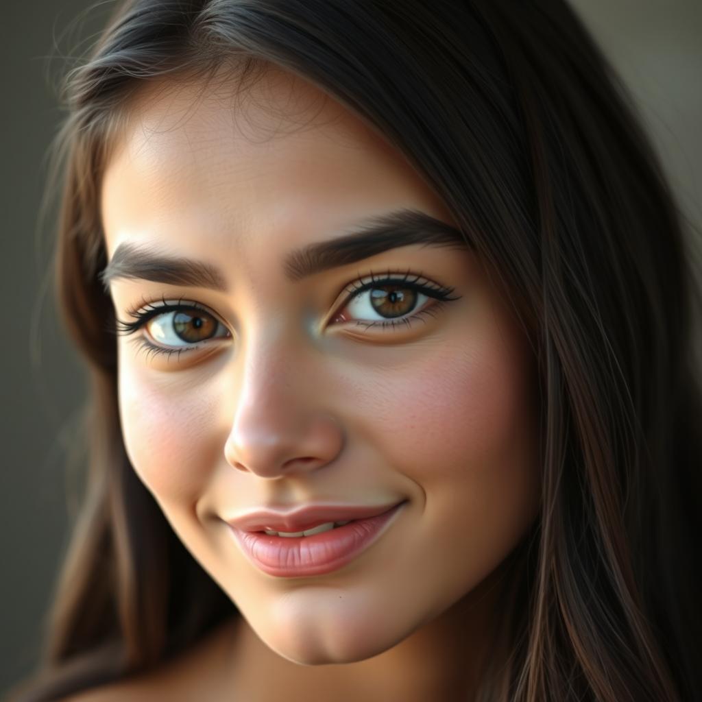 A young Uzbek woman with almond-shaped brown eyes and dark wavy hair reaching the middle of her back