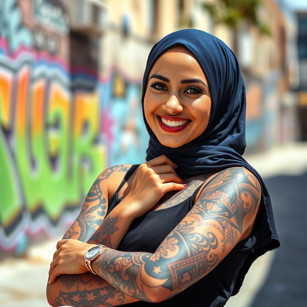 A beautiful Muslim woman with vibrant, intricate tattoos adorning her arms and neck, wearing a stylish hijab that complements her tattoos