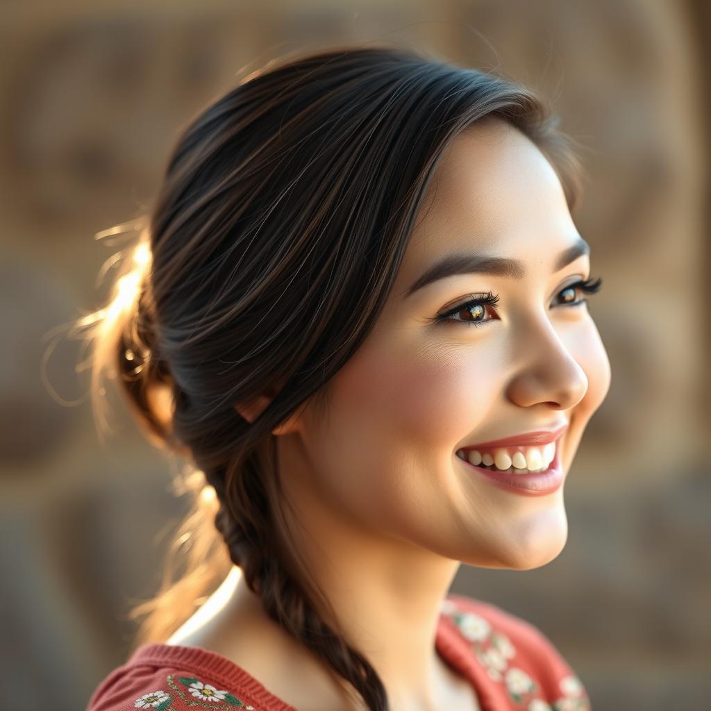A young Uzbek woman with a warm smile, captured in natural lighting from a side view