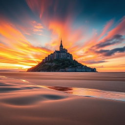 A stunning landscape of Mont-Saint-Michel at sunset, featuring the majestic abbey perched atop a rocky island surrounded by shimmering waters