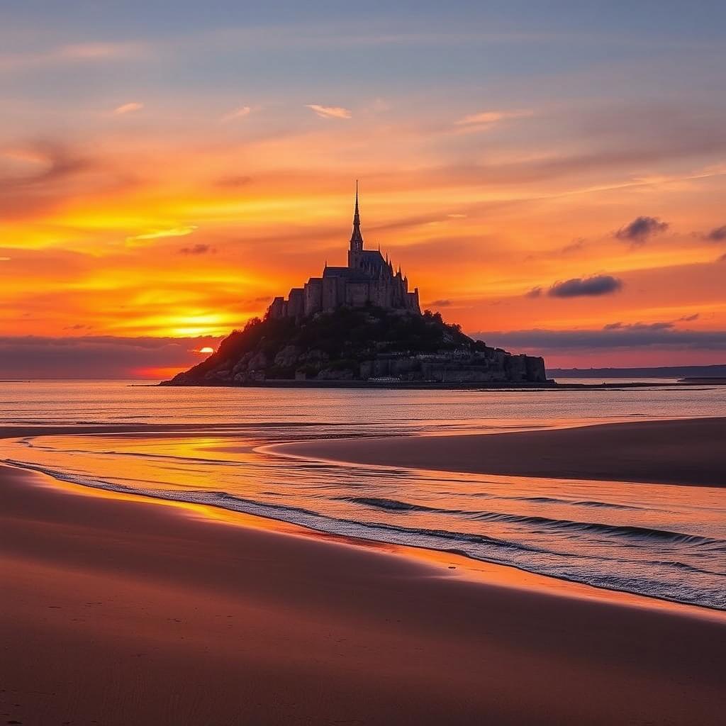A stunning landscape of Mont-Saint-Michel at sunset, featuring the majestic abbey perched atop a rocky island surrounded by shimmering waters