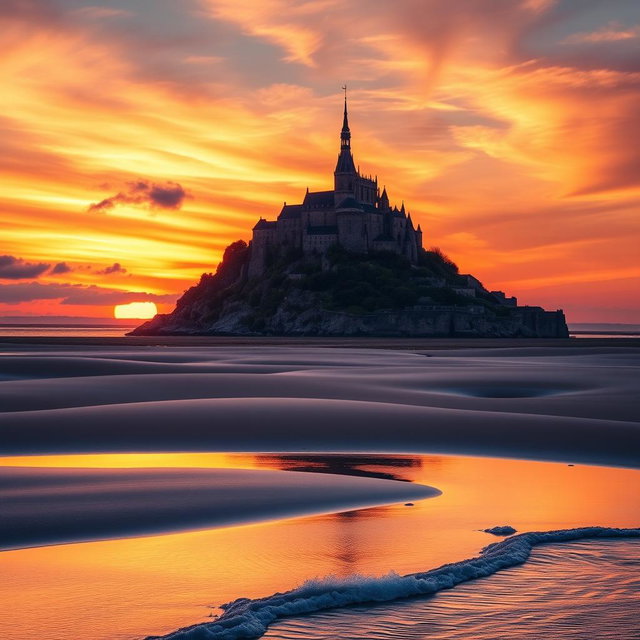 A stunning landscape of Mont-Saint-Michel at sunset, featuring the majestic abbey perched atop a rocky island surrounded by shimmering waters