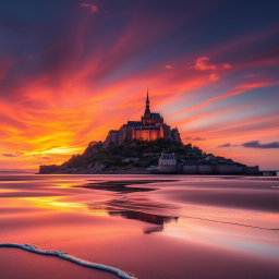 A stunning landscape of Mont-Saint-Michel at sunset, featuring the majestic abbey perched atop a rocky island surrounded by shimmering waters