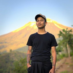 A person wearing a black sarong, a black t-shirt, and a kopyah (a traditional cap)