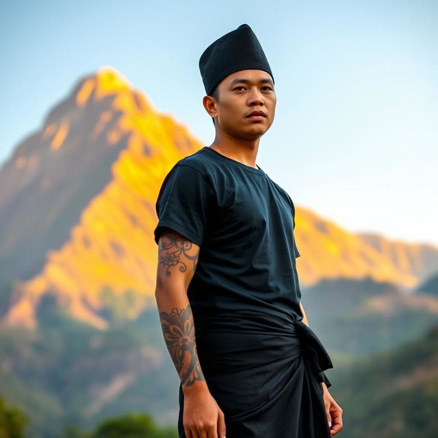 A person wearing a black sarong, a black t-shirt, and a kopyah (a traditional cap)