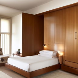 A well-organized bedroom showcasing contemporary furniture. Display a large polished bed, sophisticated bedside tables, a streamlined study desk with a chic chair, and a sleek wooden wardrobe.