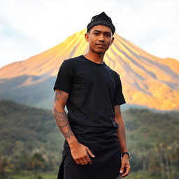 A person wearing a black sarong, a black t-shirt, and a kopyah (a traditional cap)