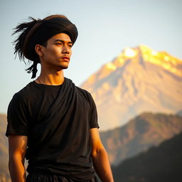 A handsome man wearing a black sarong, a black t-shirt, and a traditional Kaji cap