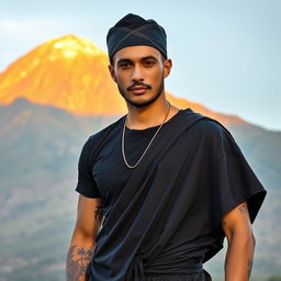 A handsome man wearing a black sarong, a black t-shirt, and a traditional Kaji cap