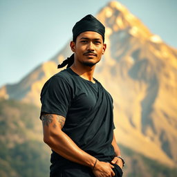 A handsome man wearing a black sarong, a black t-shirt, and a traditional Kaji cap