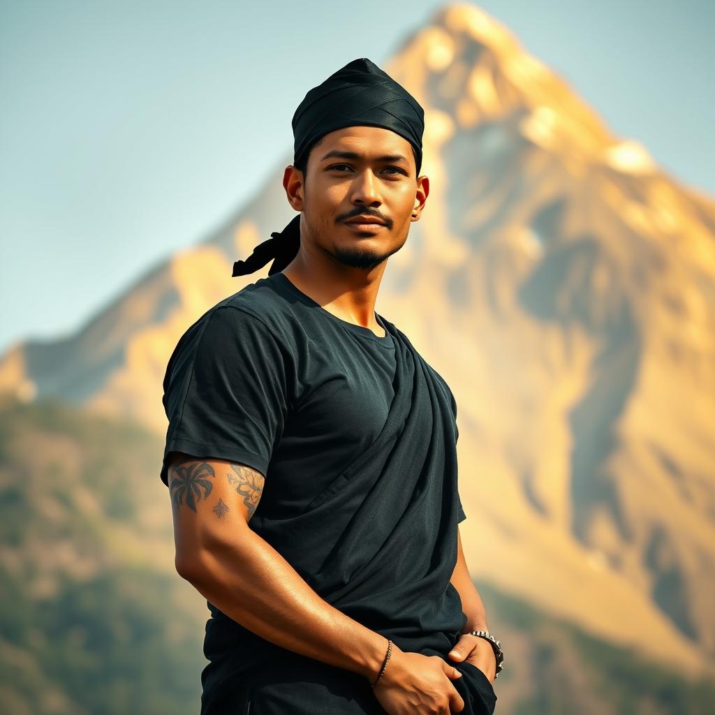 A handsome man wearing a black sarong, a black t-shirt, and a traditional Kaji cap