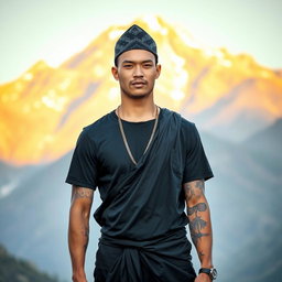 A handsome man wearing a black sarong, a black t-shirt, and a traditional Kaji cap
