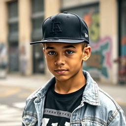 A stylish young person wearing a trendy cap, standing against an urban backdrop