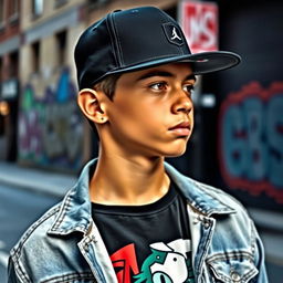 A stylish young person wearing a trendy cap, standing against an urban backdrop