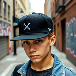 A stylish young person wearing a trendy cap, standing against an urban backdrop