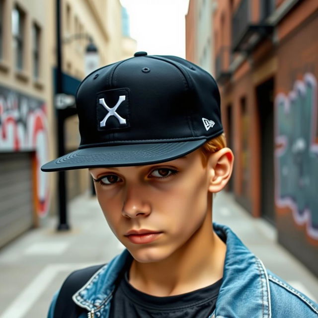 A stylish young person wearing a trendy cap, standing against an urban backdrop