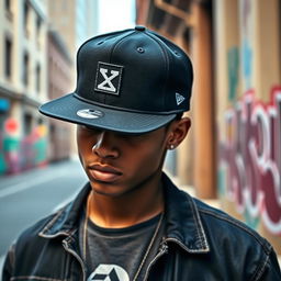 A stylish young person wearing a trendy cap, standing against an urban backdrop