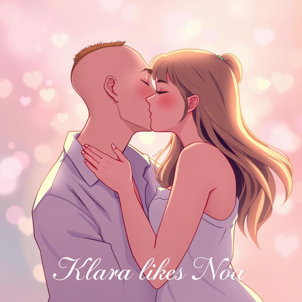 A romantic scene featuring a guy with a buzz cut kissing a girl gently