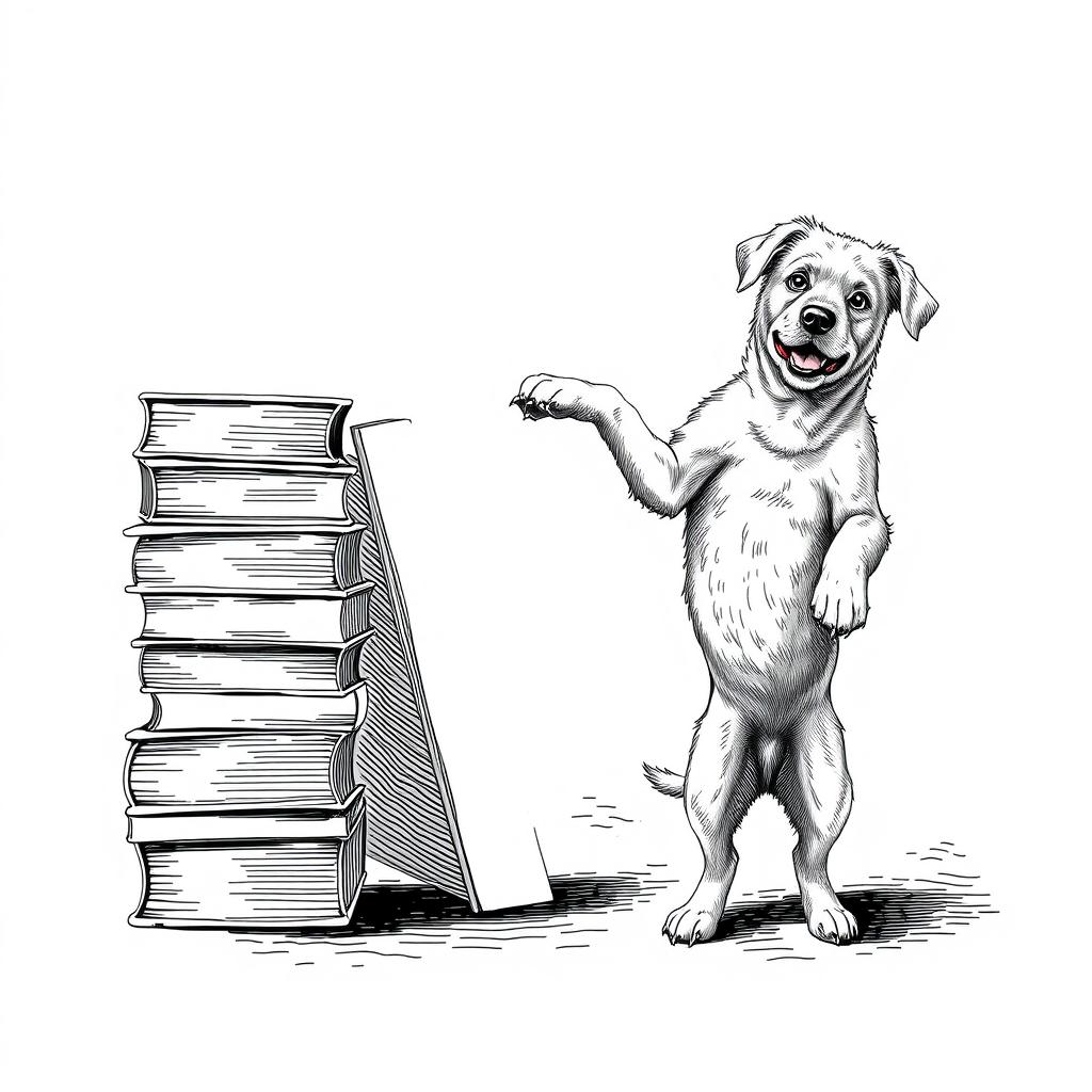 A white Lagotto Romagnolo dog proudly standing on its hind legs on the ground, leaning its front legs on a stack of books that is situated on the left side of the image