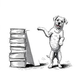 A white Lagotto Romagnolo dog proudly standing on its hind legs on the ground, leaning its front legs on a stack of books that is situated on the left side of the image