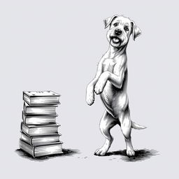 A white Lagotto Romagnolo dog proudly standing on its hind legs on the ground, leaning its front legs on a stack of books that is situated on the left side of the image