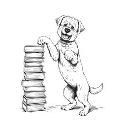 A white Lagotto Romagnolo dog proudly standing on its hind legs on the ground, leaning its front legs on a stack of books that is situated on the left side of the image