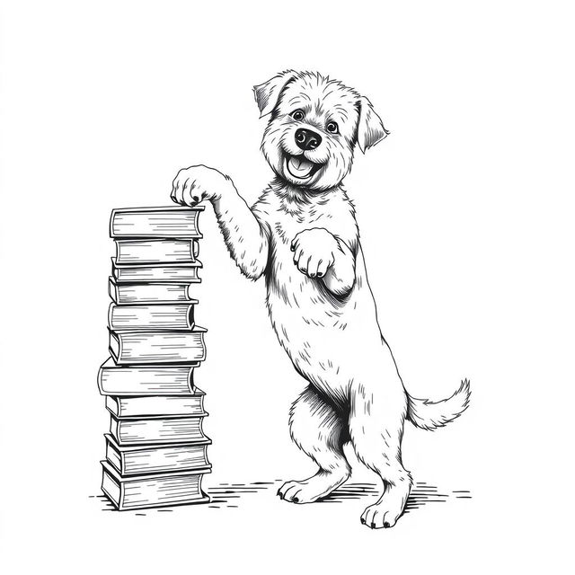 A white Lagotto Romagnolo dog proudly standing on its hind legs on the ground, leaning its front legs on a stack of books that is situated on the left side of the image