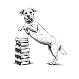 A white Lagotto Romagnolo dog proudly standing on its hind legs on the ground, leaning its front legs on a stack of books that is situated on the left side of the image