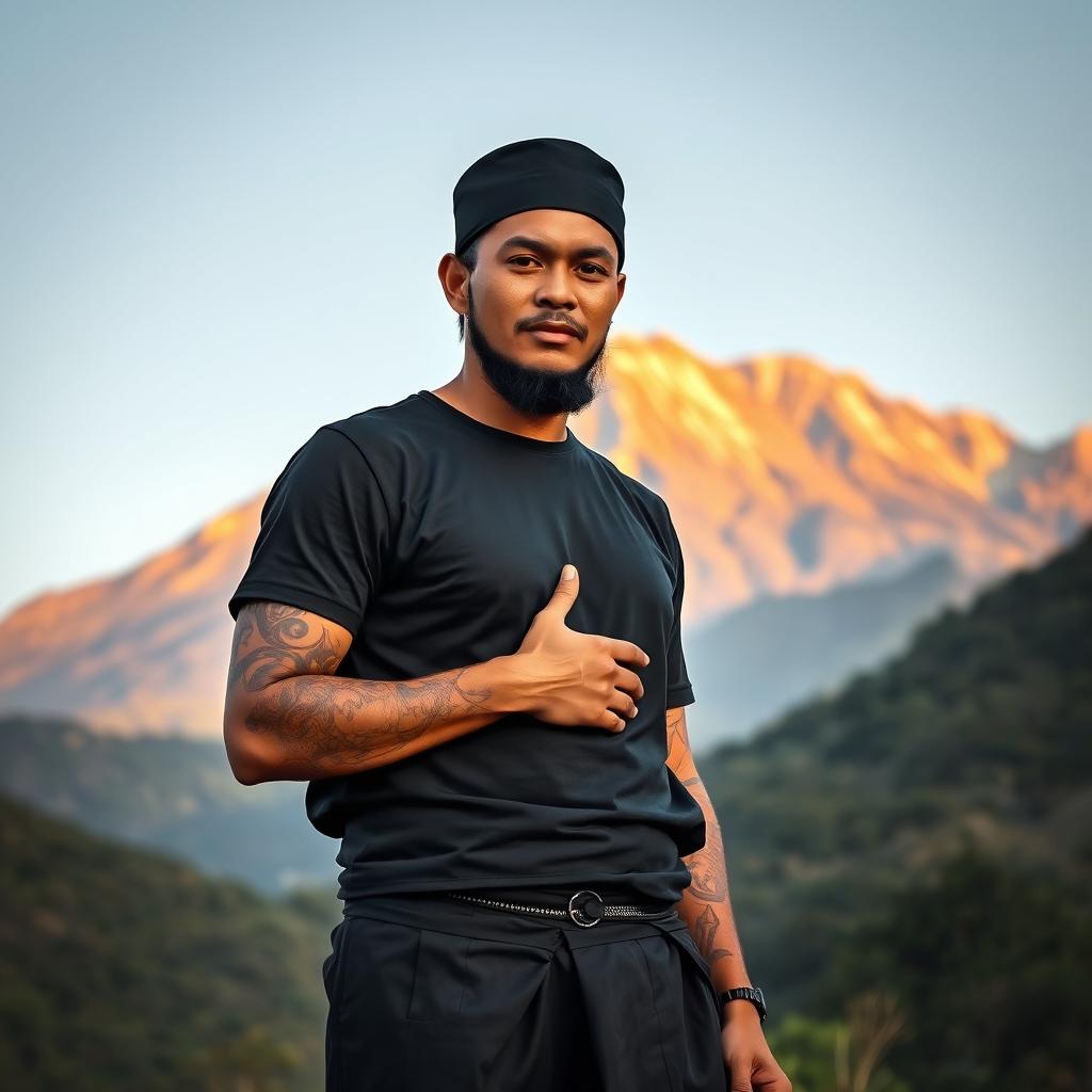 A Muslim man wearing a black sarong and a black t-shirt, topped with a black songkok