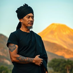 A Muslim man wearing a black sarong and a black t-shirt, topped with a black songkok