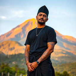 A Muslim man wearing a black sarong and a black t-shirt, topped with a black songkok