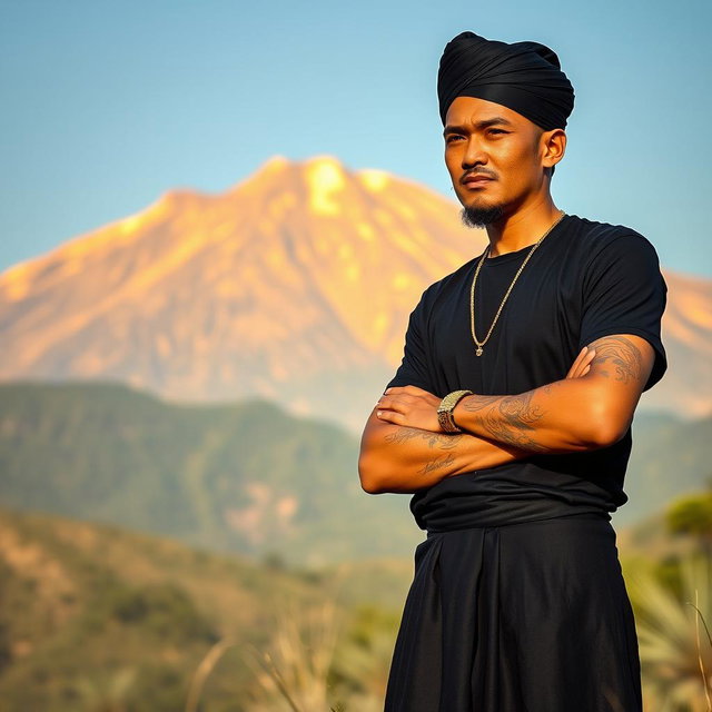 A Muslim man wearing a black sarong and a black t-shirt, topped with a black songkok