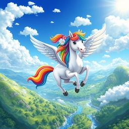 A colorful and dynamic depiction of a pegasus with a vibrant rainbow mane and tail, soaring through a bright blue sky dotted with fluffy white clouds